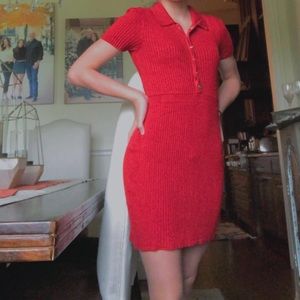 red dress with silver buttons